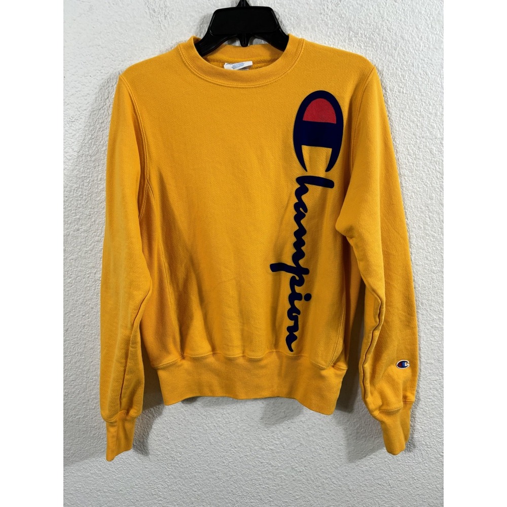 Champion Sweatshirt Mens XS Yellow Reverse Weave Velvet Spellout Logo‎ Crewneck